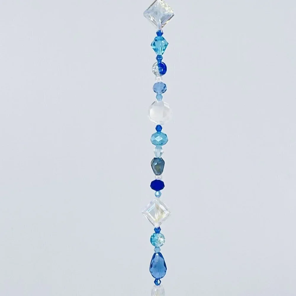 Blue Beaded Suncatcher - Clear Crystal Prism - Indoor Outdoor Hanging Decor